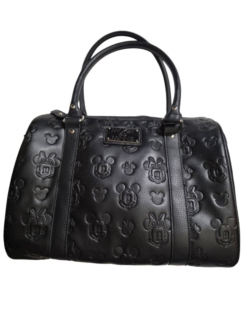 Loungefly Disney Mickey Minnie Embossed Black Barrel Bowler Satchel Purse w/ Dus - Picture 2 of 9